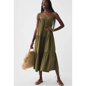 Faherty Women's Marina Seersucker Dress Midi Tiered Tank Military Olive Small